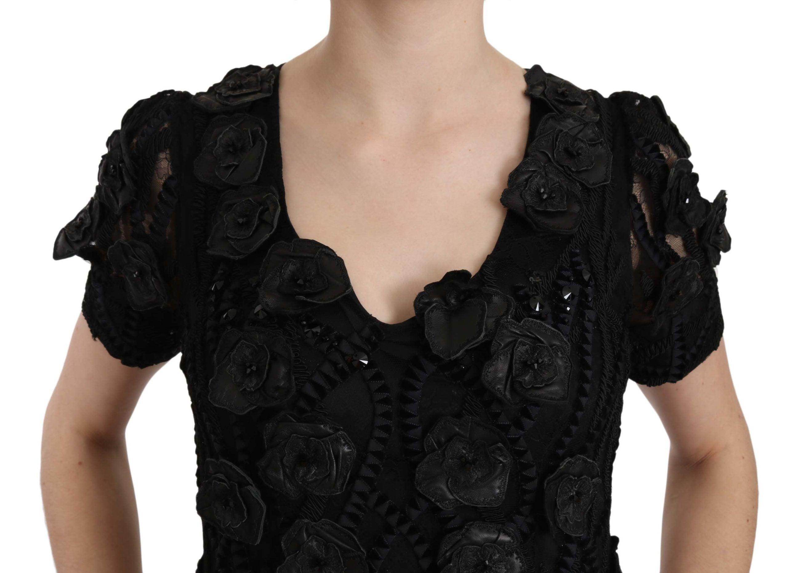 John Richmond Black Silk Leather Flowers Sheath Dress - Hilstor
