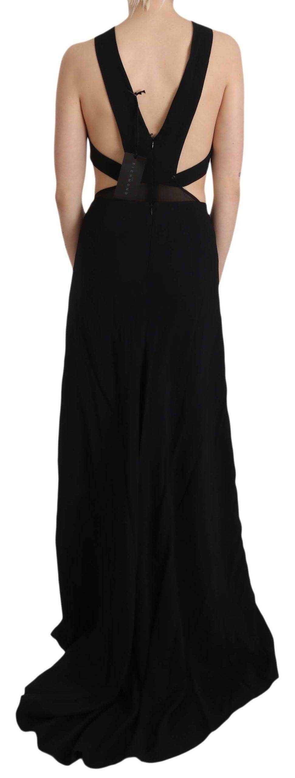 John Richmond Black Crystal Leather Gown Flare Dress - Hilstor