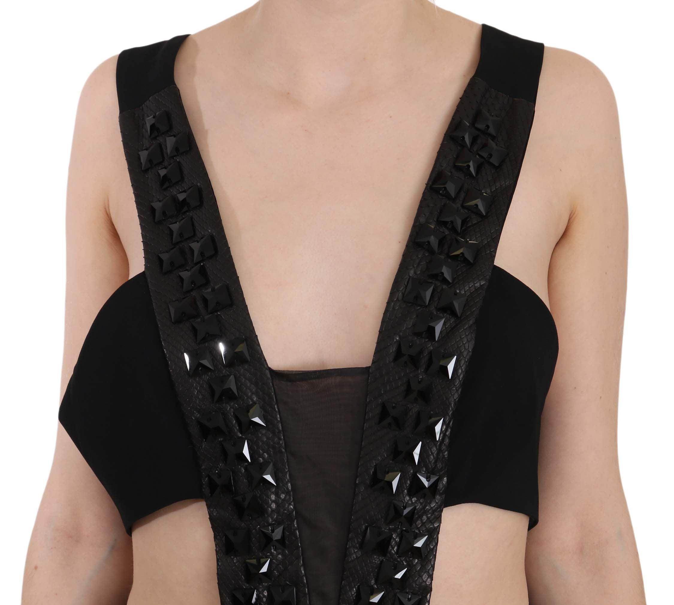 John Richmond Black Crystal Leather Gown Flare Dress - Hilstor