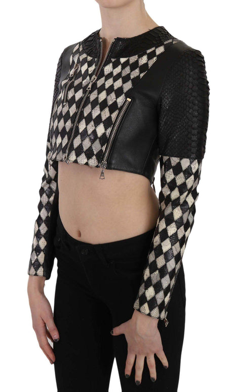 John Richmond Black White Leather Short Cropped Biker Jacket Coat - Hilstor