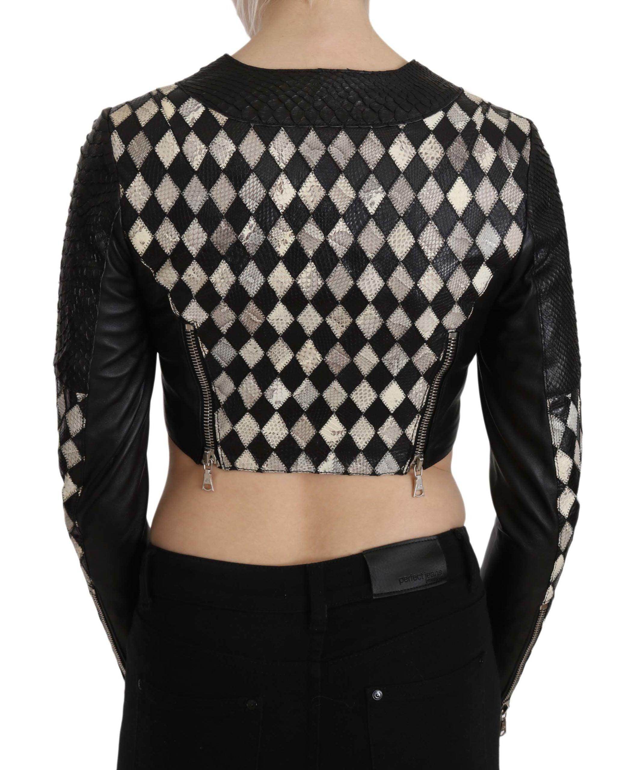 John Richmond Black White Leather Short Cropped Biker Jacket Coat - Hilstor