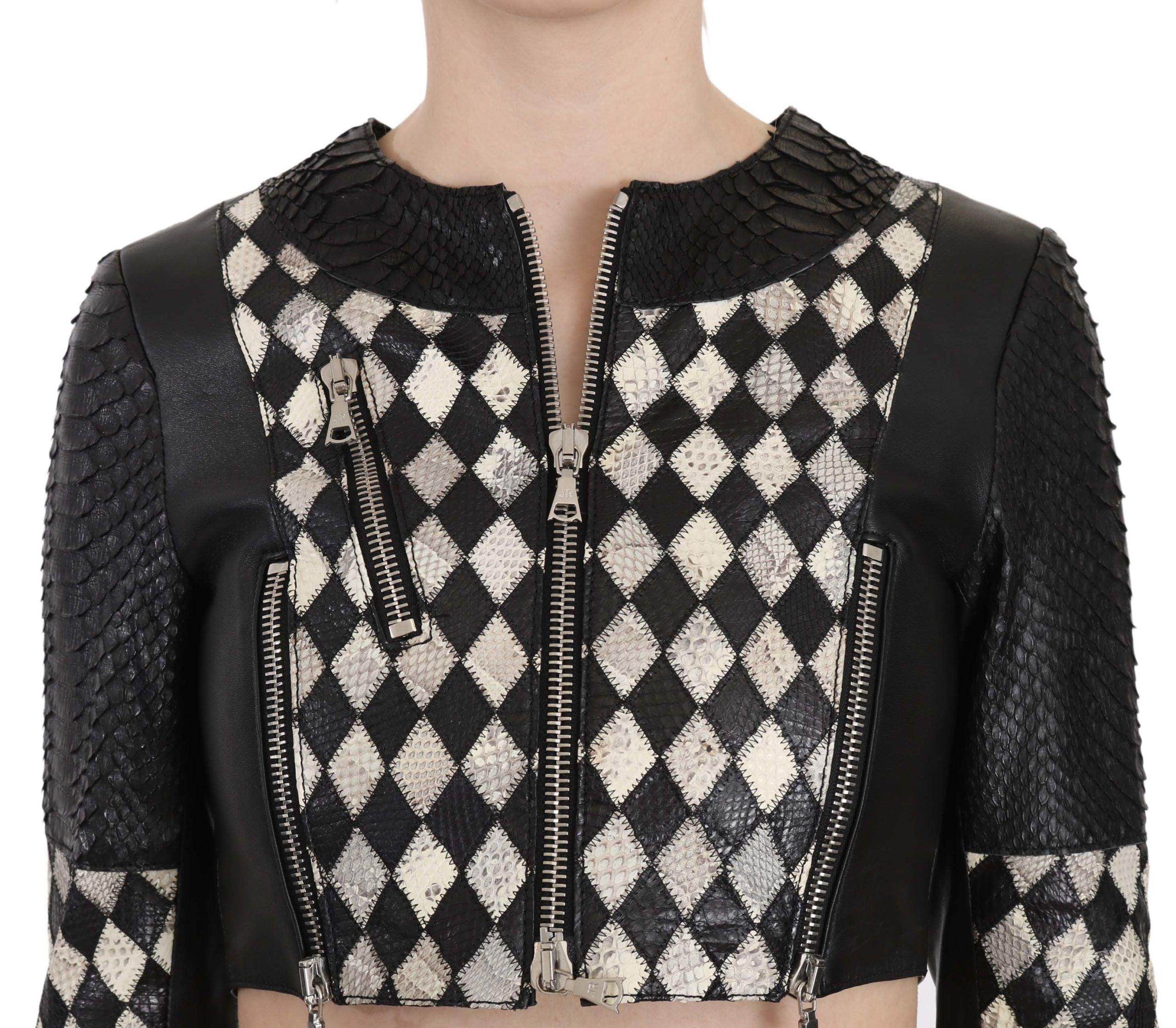 John Richmond Black White Leather Short Cropped Biker Jacket Coat - Hilstor