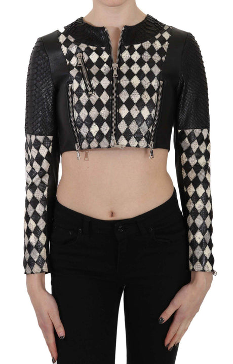 John Richmond Black White Leather Short Cropped Biker Jacket Coat - Hilstor