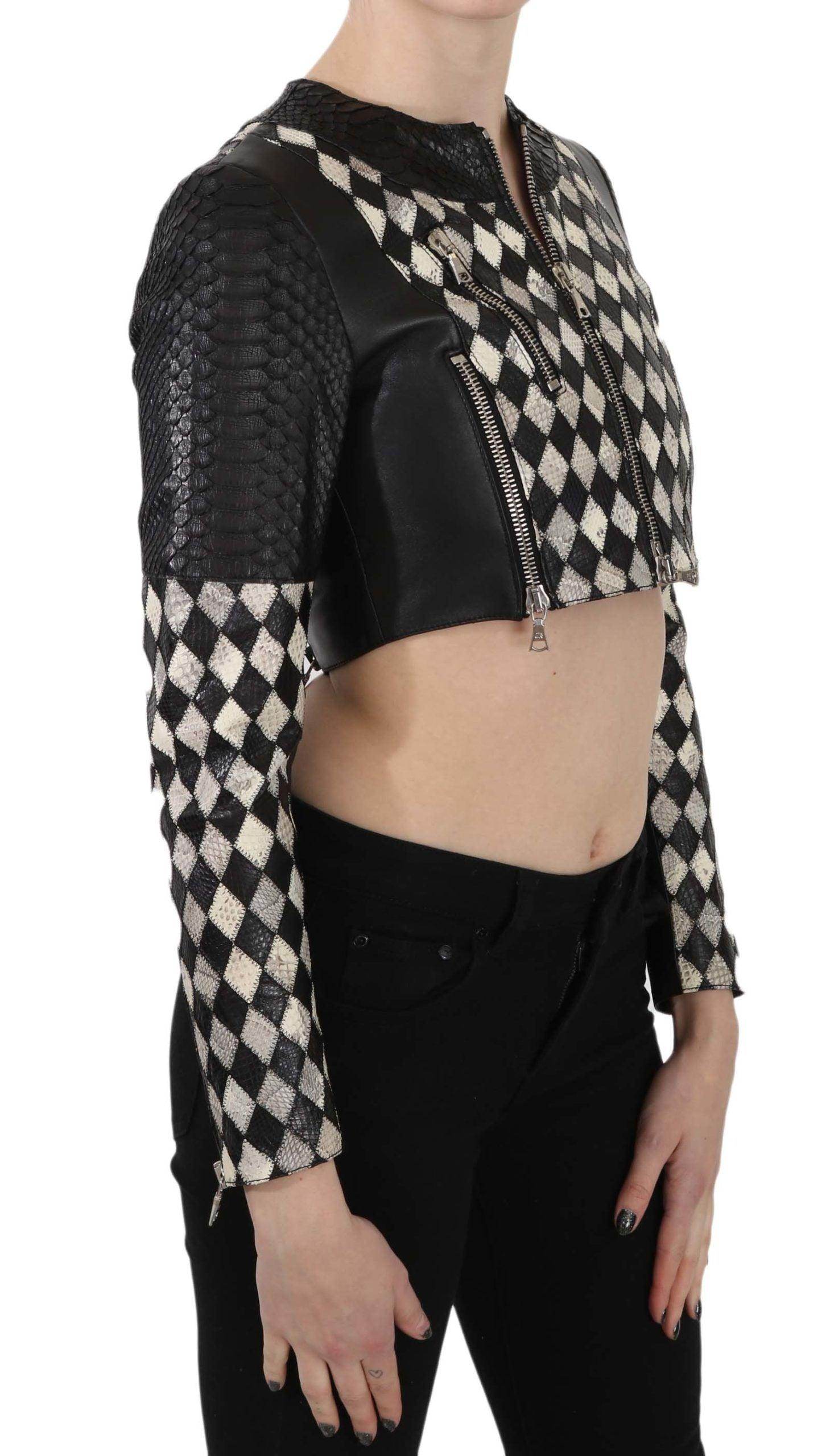 John Richmond Black White Leather Short Cropped Biker Jacket Coat - Hilstor