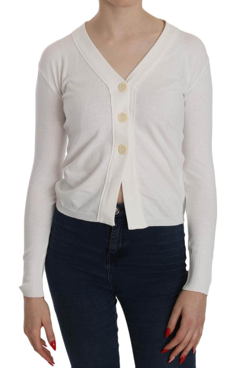BYBLOS White V-neck Long Sleeve Cropped Cardigan Tops Sweater - Hilstor