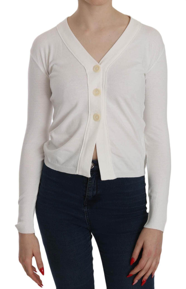 BYBLOS White V-neck Long Sleeve Cropped Cardigan Tops Sweater - Hilstor