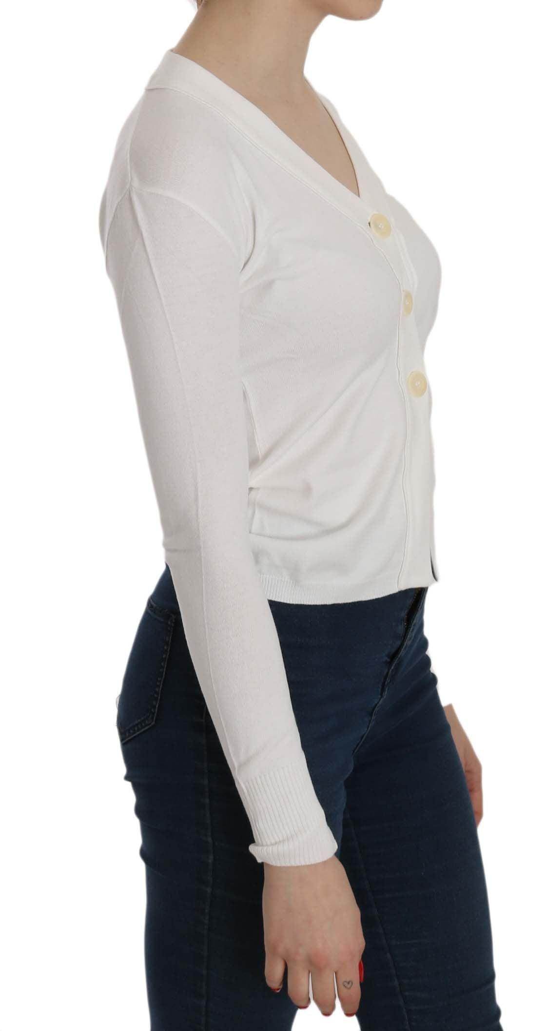 BYBLOS White V-neck Long Sleeve Cropped Cardigan Tops Sweater - Hilstor