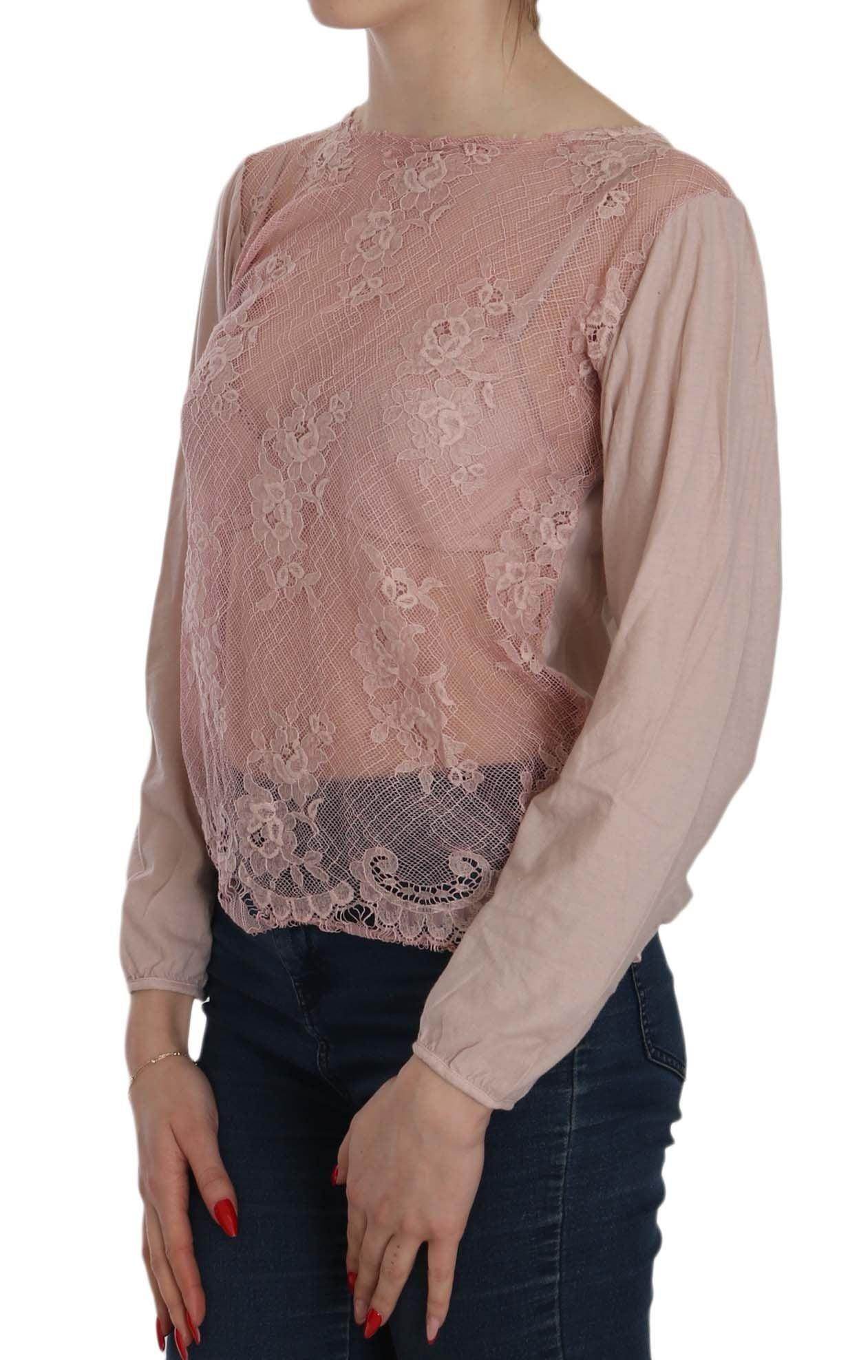PINK MEMORIES Pink Lace See Through Long Sleeve Blouse - Hilstor