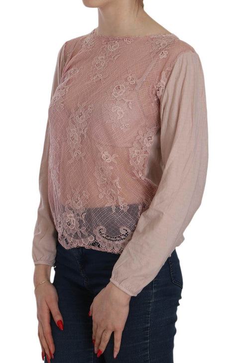 PINK MEMORIES Pink Lace See Through Long Sleeve Blouse - Hilstor