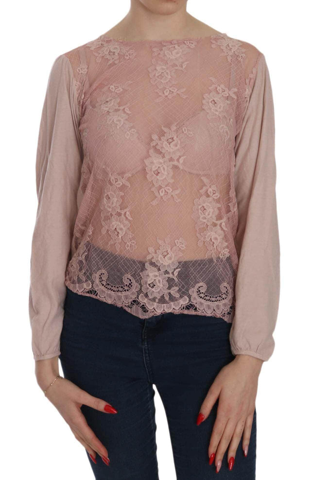 PINK MEMORIES Pink Lace See Through Long Sleeve Blouse - Hilstor