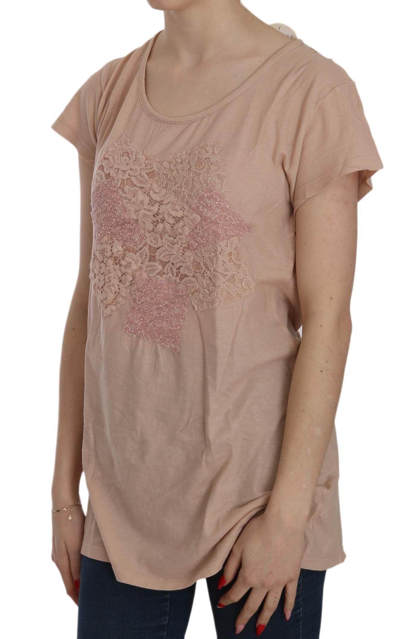 PINK MEMORIES Pink Cream Lace Short Sleeve Shirt Top Cotton Blouse - Hilstor