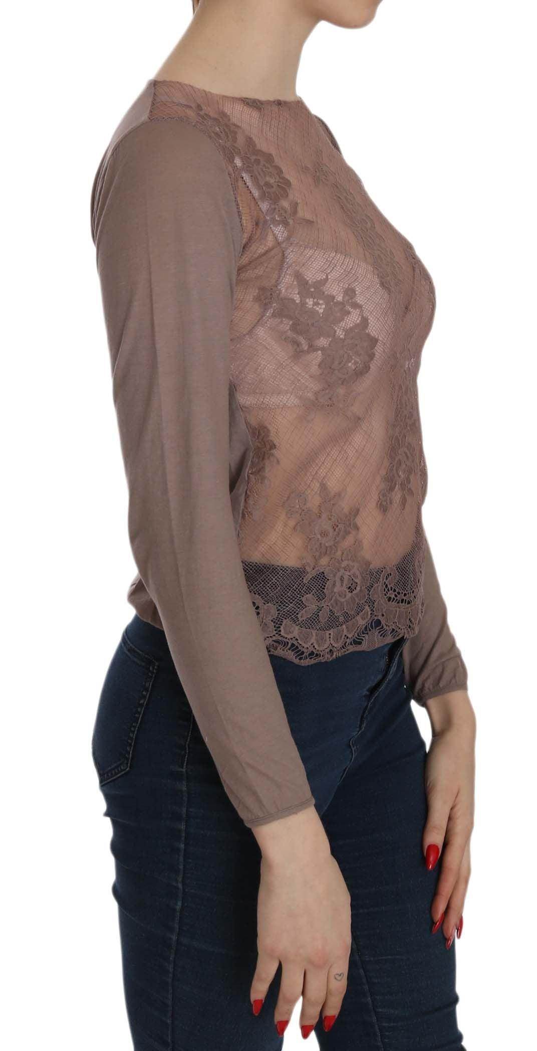PINK MEMORIES Brown Lace See Through Long Sleeve Top - Hilstor