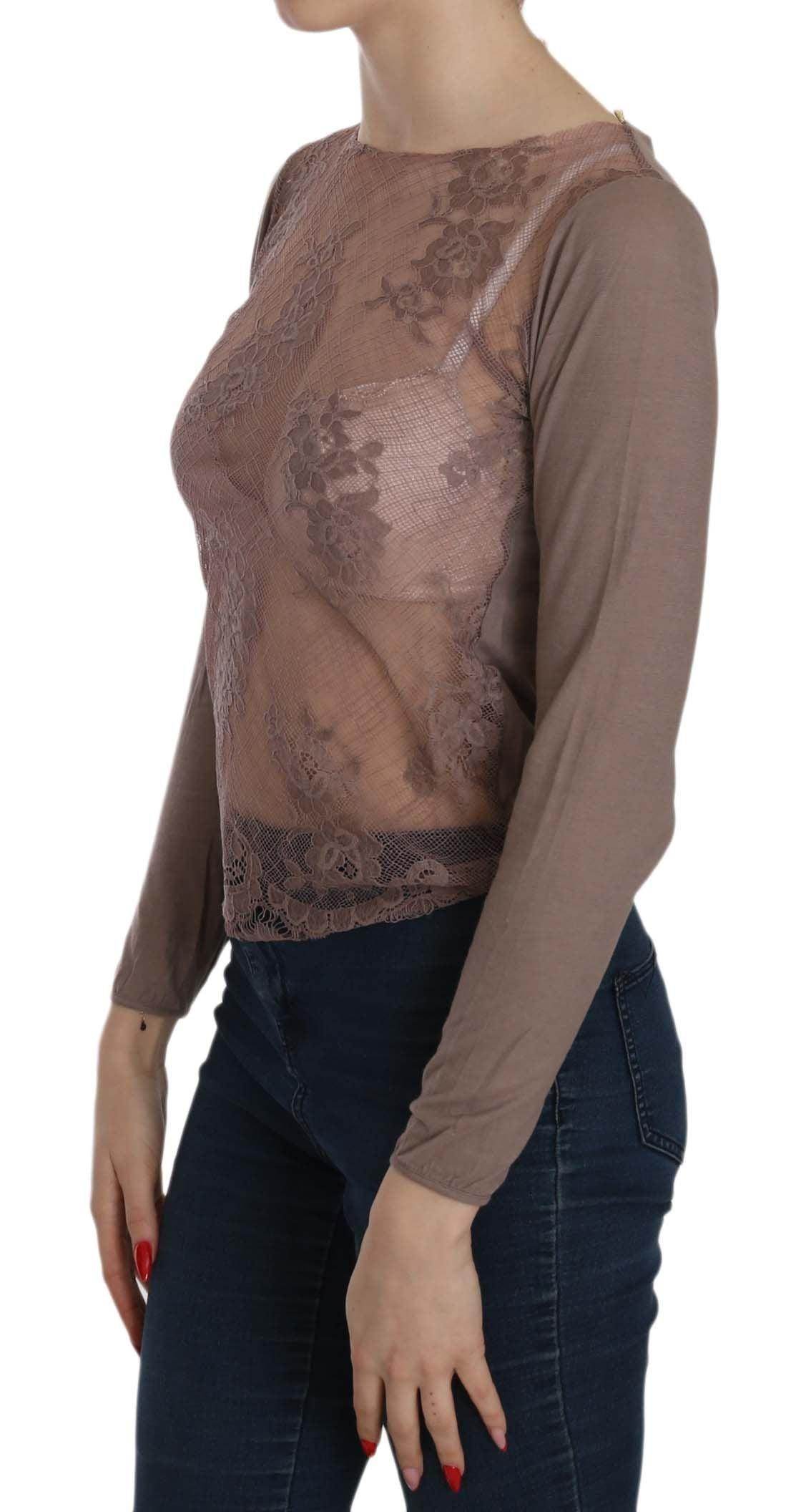 PINK MEMORIES Brown Lace See Through Long Sleeve Top - Hilstor