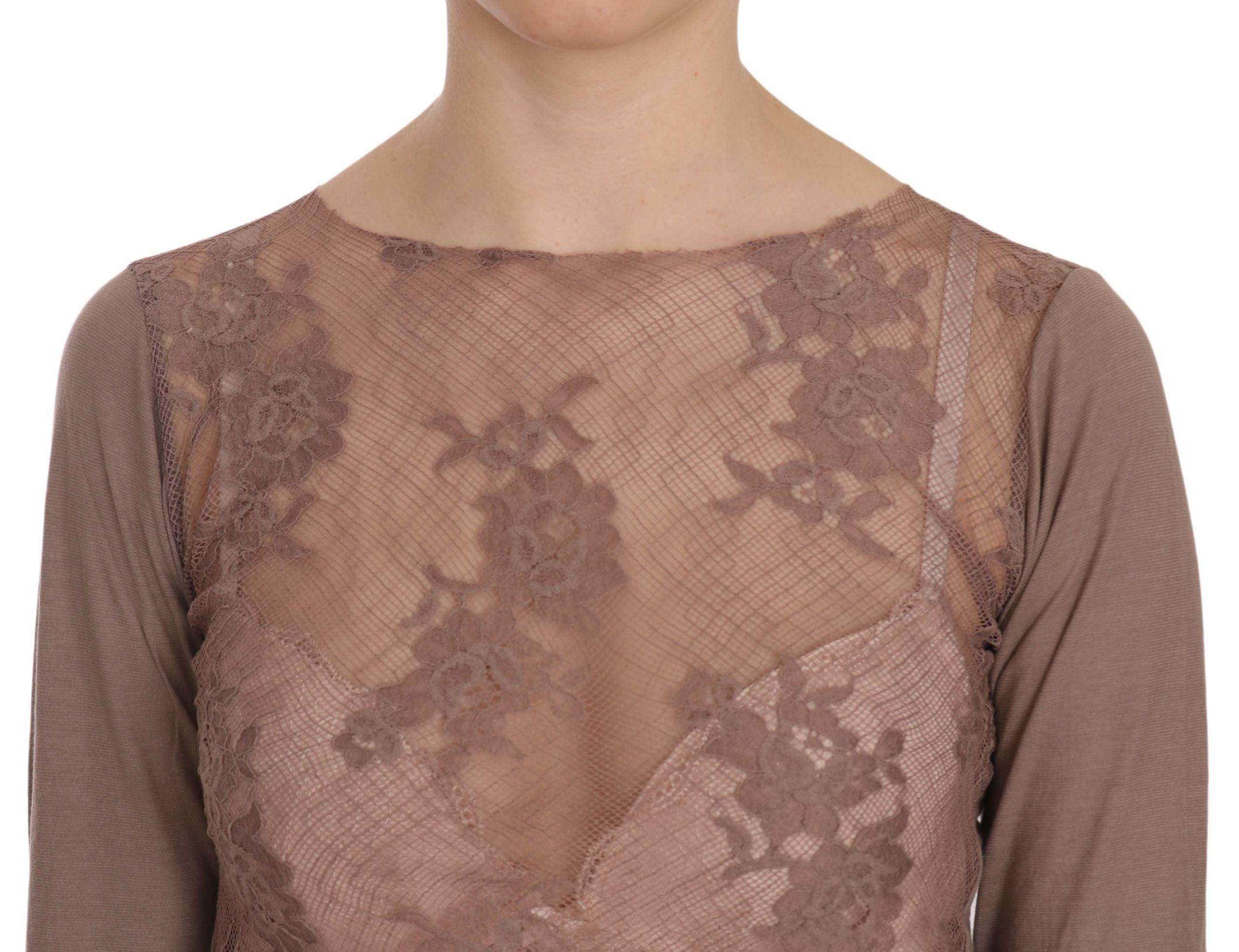 PINK MEMORIES Brown Lace See Through Long Sleeve Top - Hilstor