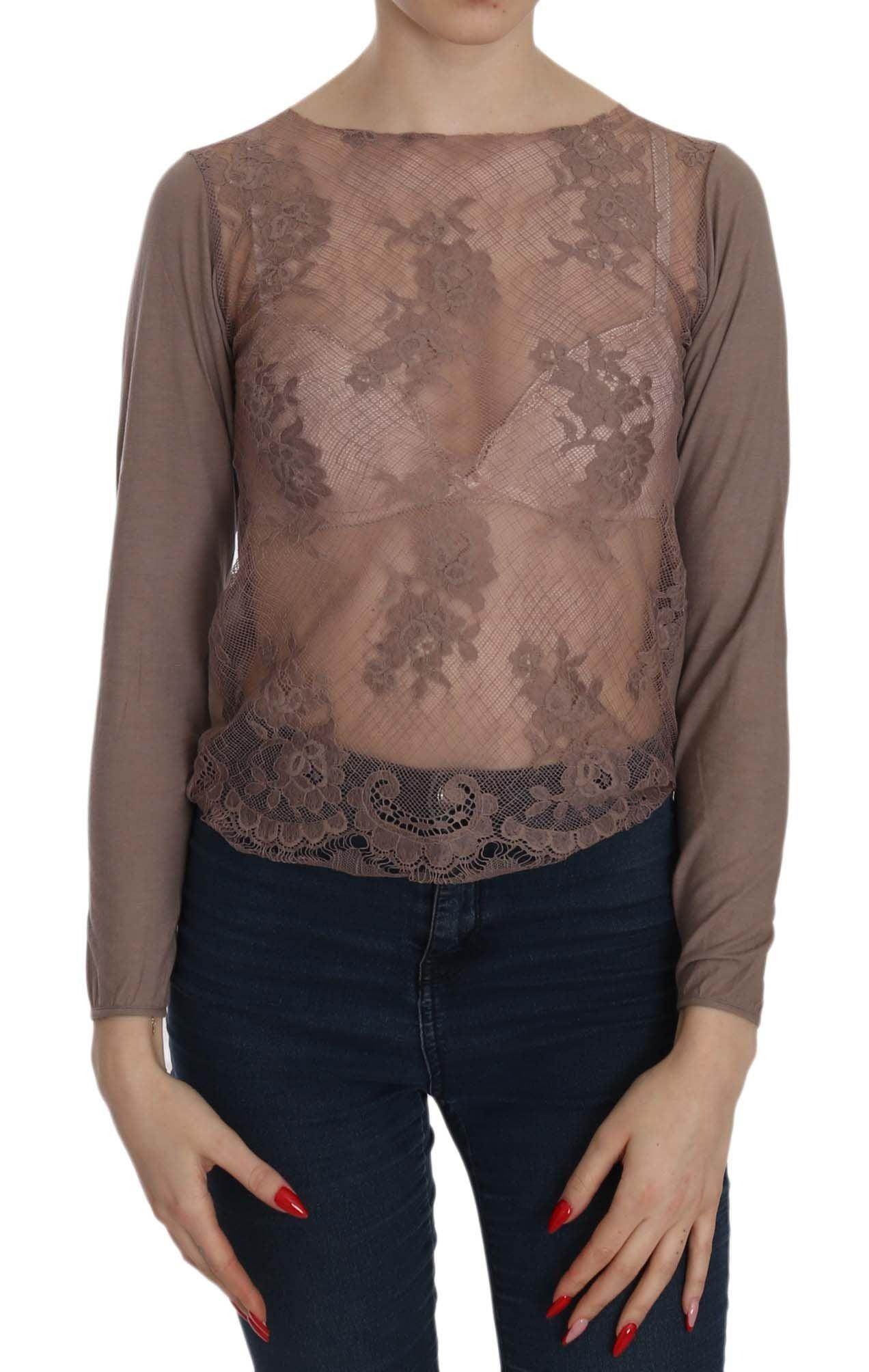 PINK MEMORIES Brown Lace See Through Long Sleeve Top - Hilstor