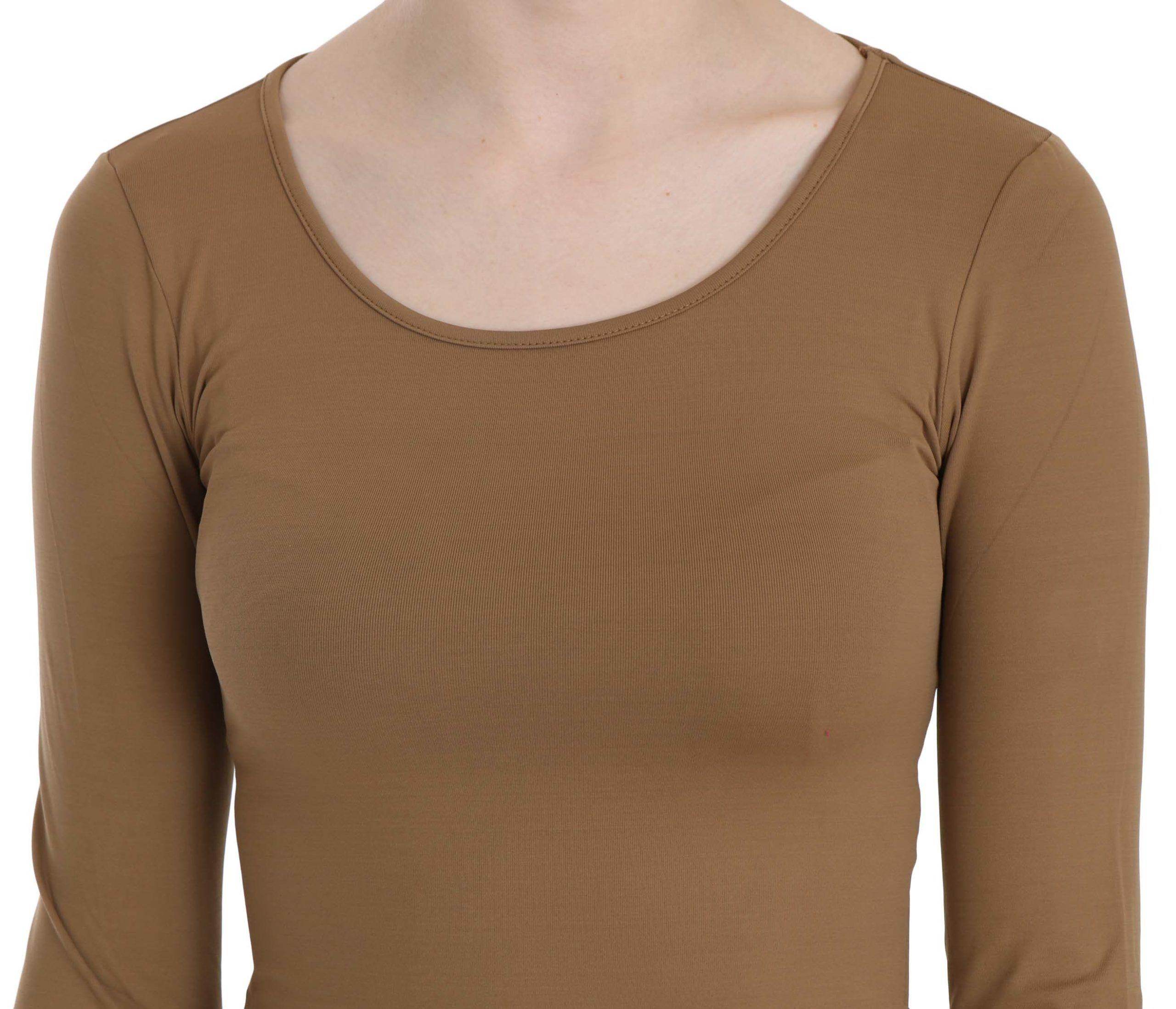 GF Ferre Brown Long Round Neck Sleeve Fitted Shirt Tops Blouse - Hilstor