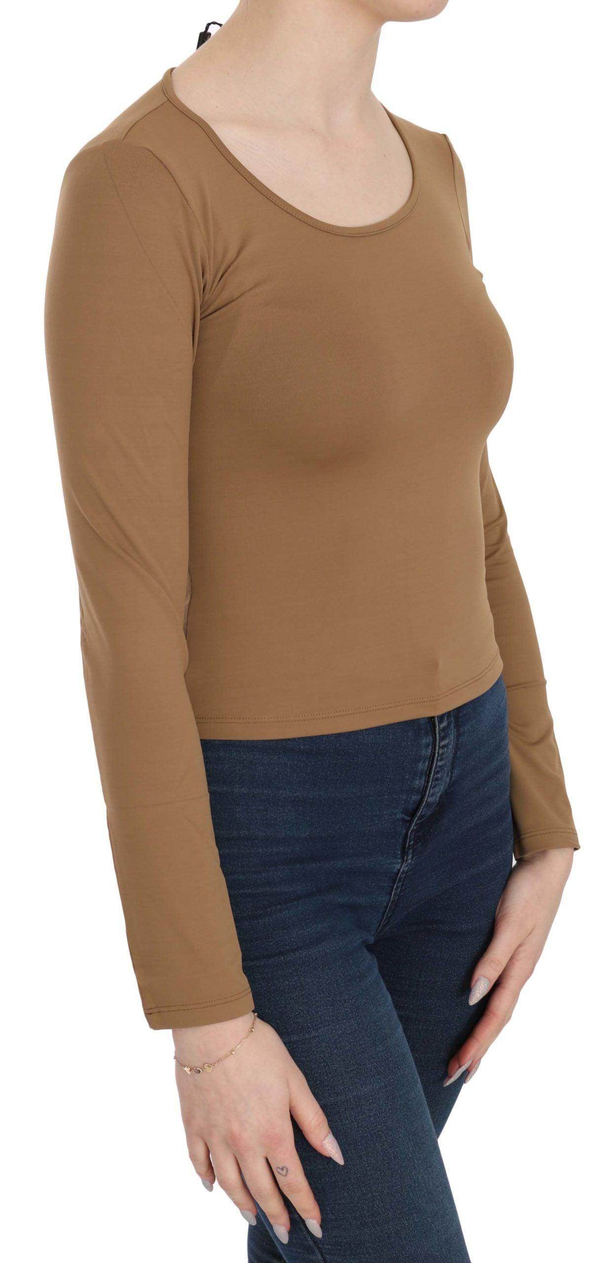 GF Ferre Brown Long Round Neck Sleeve Fitted Shirt Tops Blouse - Hilstor