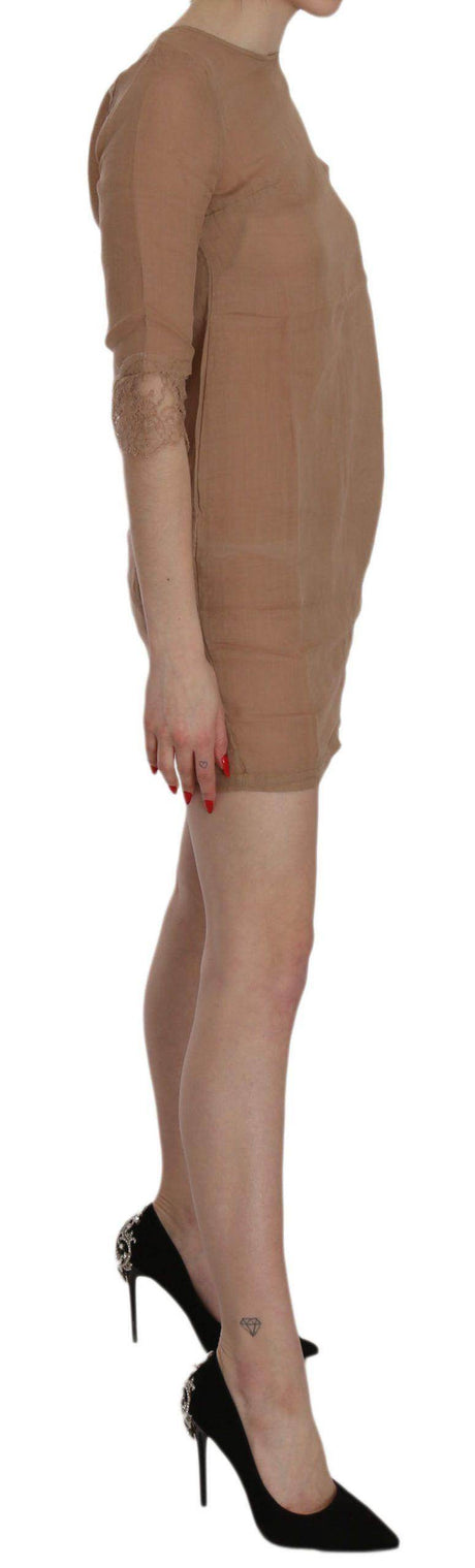 PINK MEMORIES Brown 3/4 Sleeve Crewneck Shift Mini Dress - Hilstor