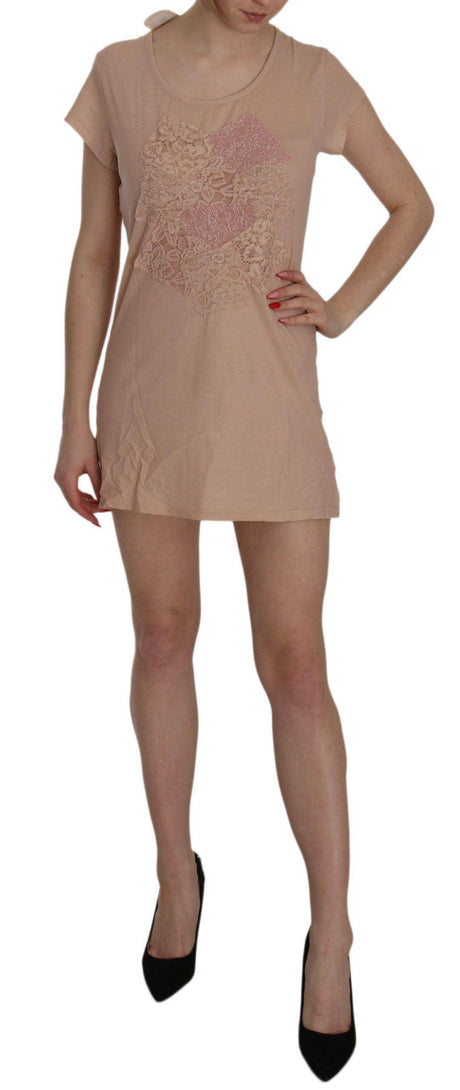 PINK MEMORIES Pink Lace Short Sleeve Shift Mini Dress - Hilstor