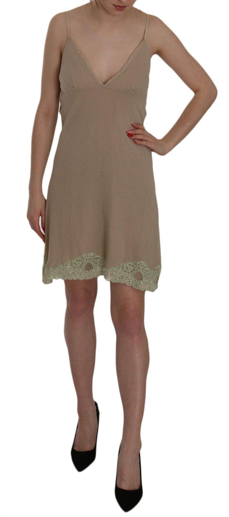 PINK MEMORIES Beige Lace Spaghetti Strap Mini Cotton Dress - Hilstor