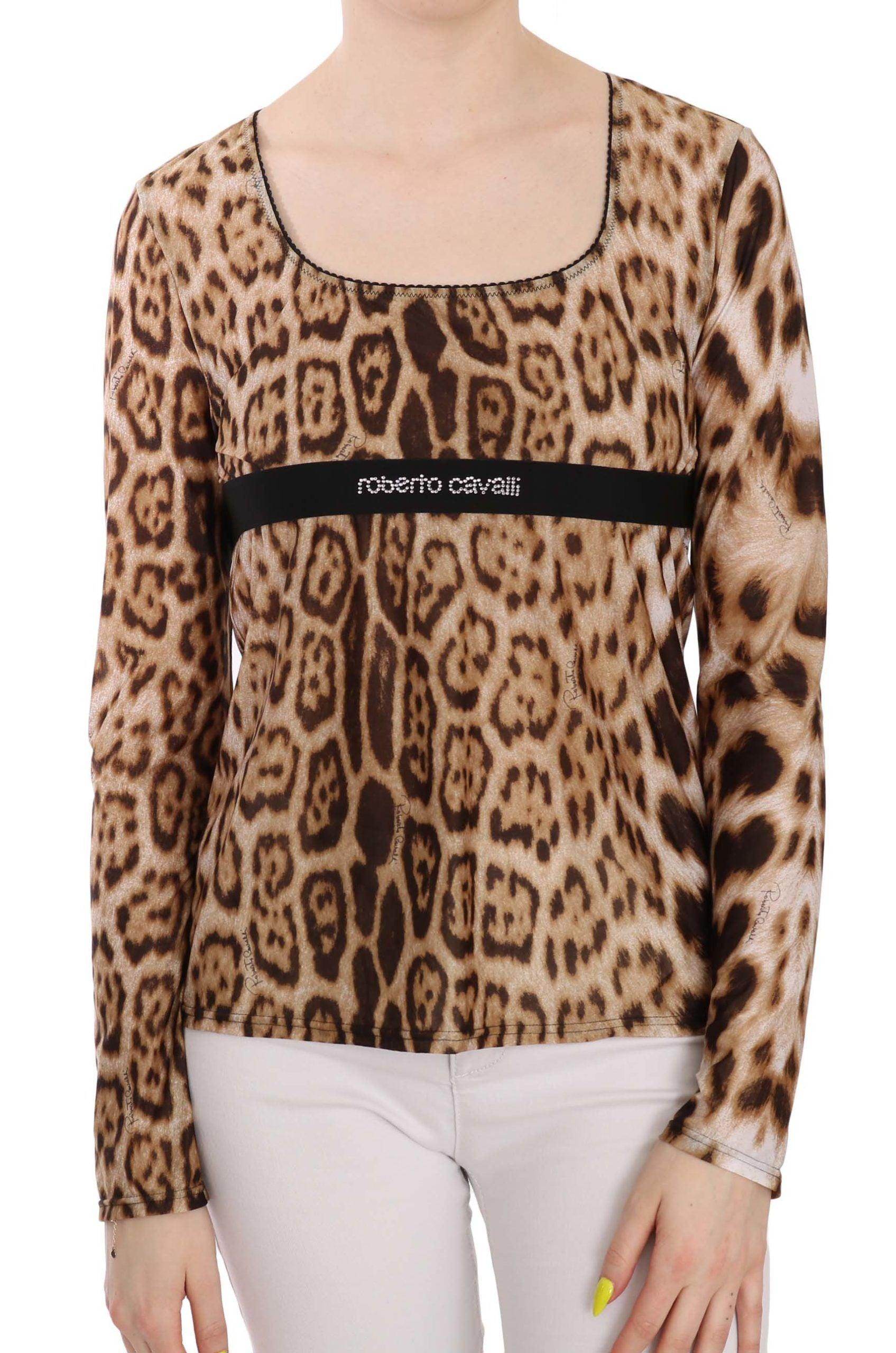 Roberto Cavalli Brown Round Neck Leopard Women Top Blouse - Hilstor