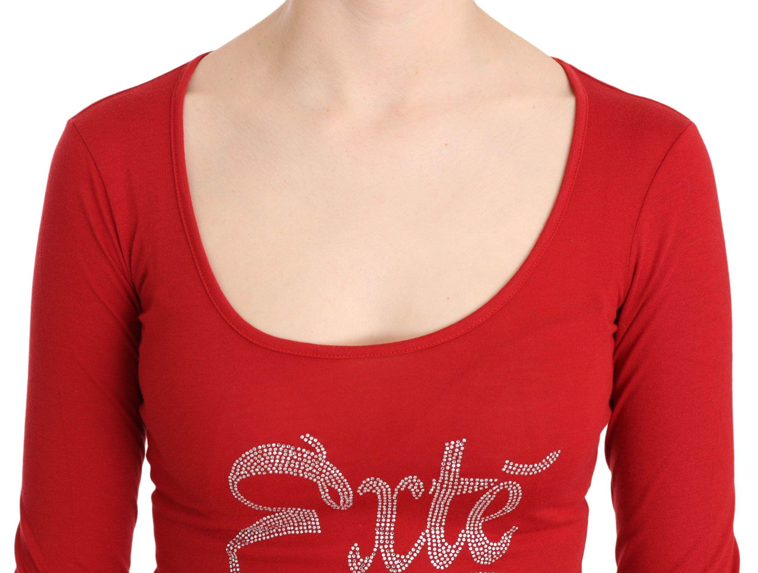 Red Exte Crystal Embellished Long Sleeve Top Blouse - Hilstor