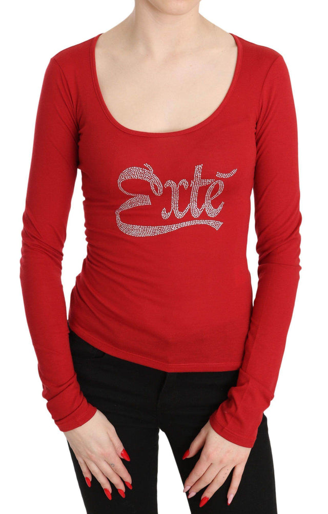 Red Exte Crystal Embellished Long Sleeve Top Blouse - Hilstor