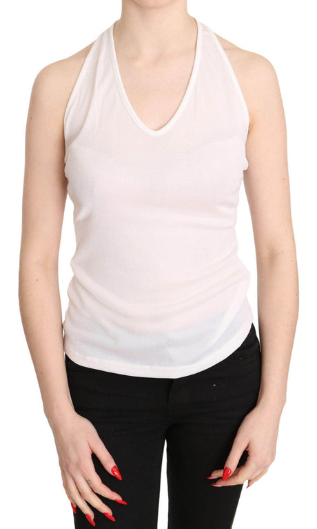 GF Ferre White Halter Cotton Sleeveless Casual Tank Top Blouse - Hilstor