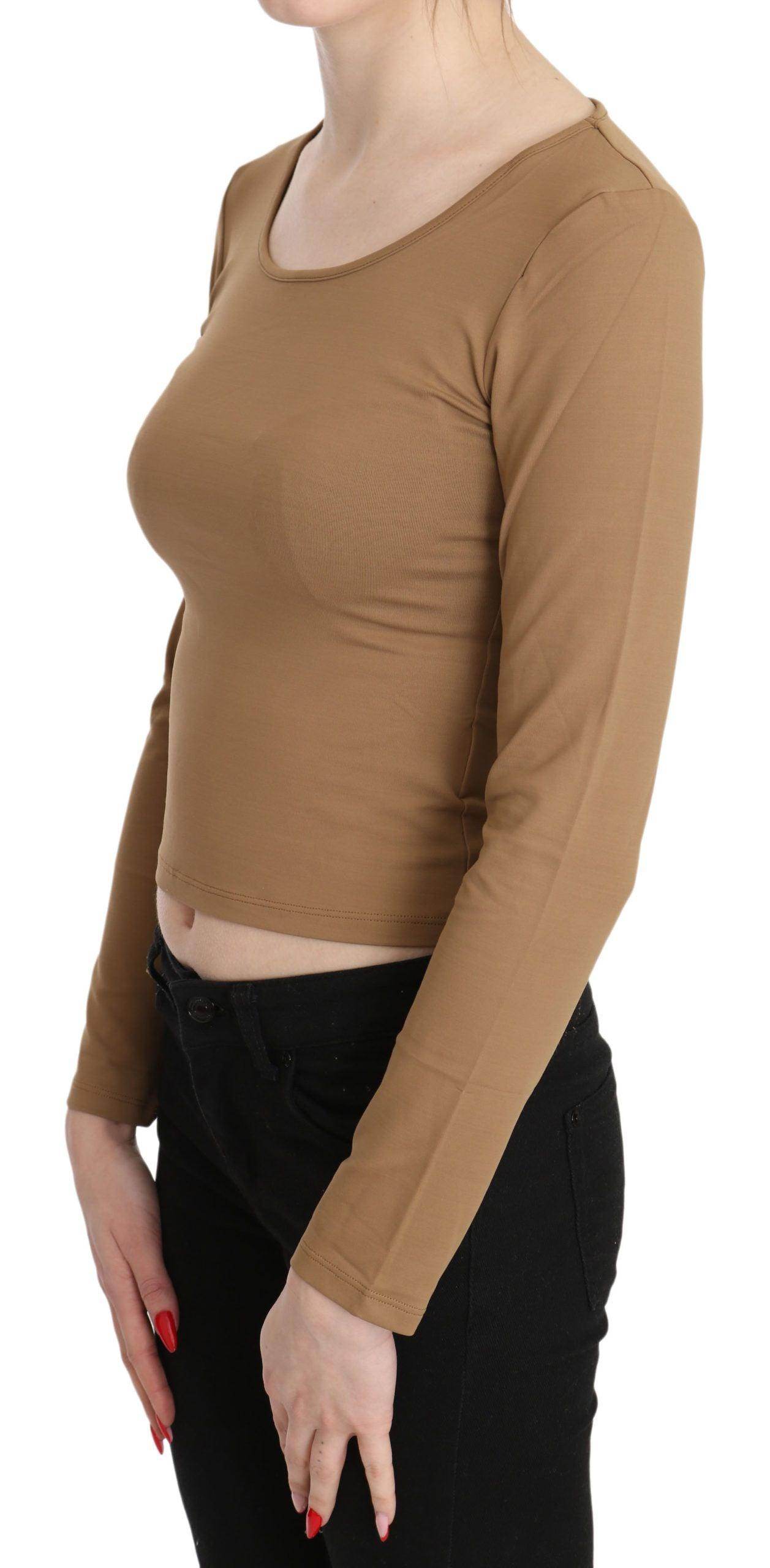 GF Ferre Brown Round Neck Long Sleeve Slim Crop Top Blouse - Hilstor