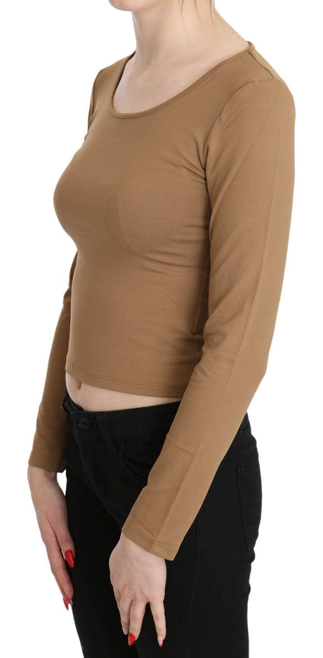 GF Ferre Brown Round Neck Long Sleeve Slim Crop Top Blouse - Hilstor