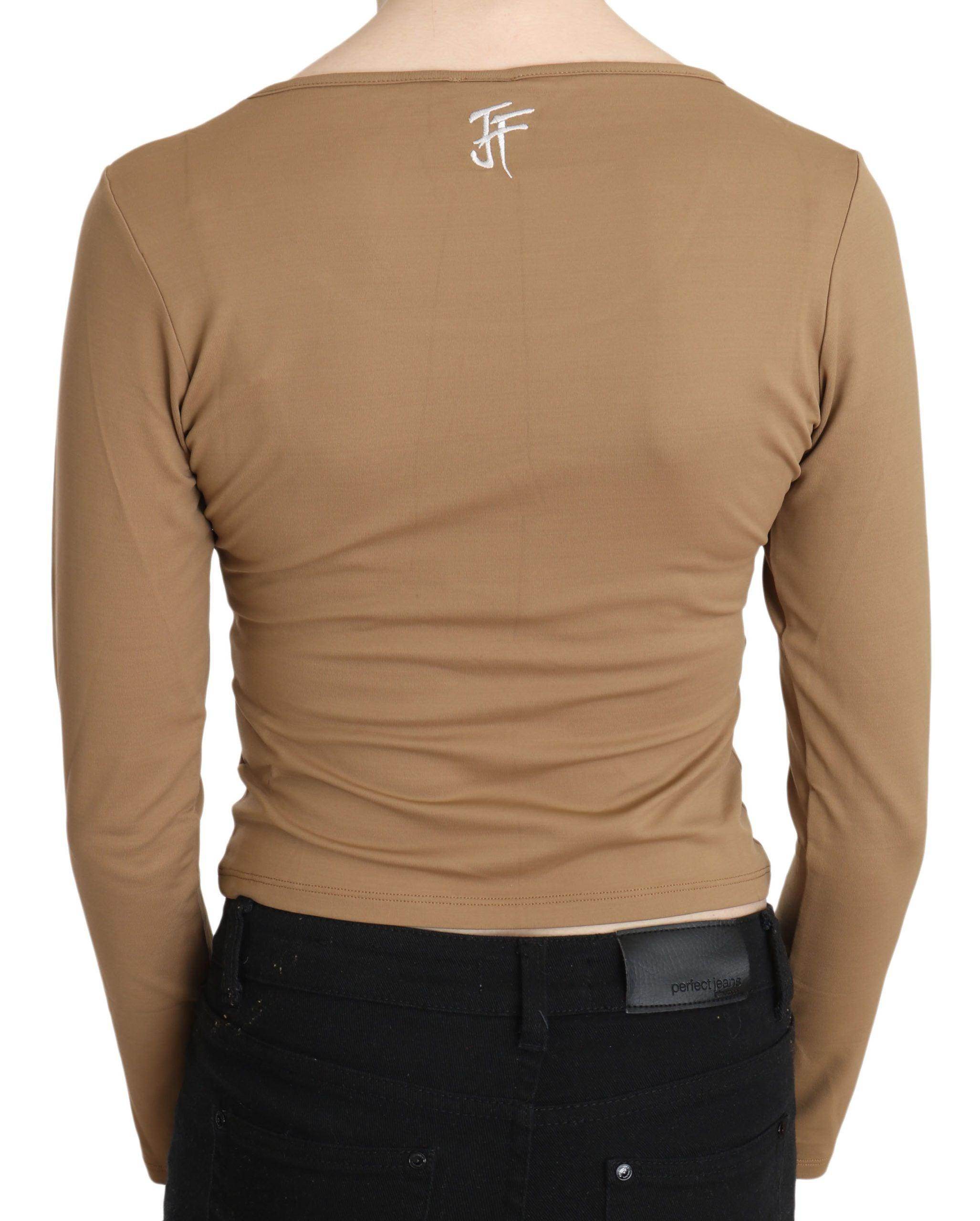 GF Ferre Brown Round Neck Long Sleeve Slim Crop Top Blouse - Hilstor
