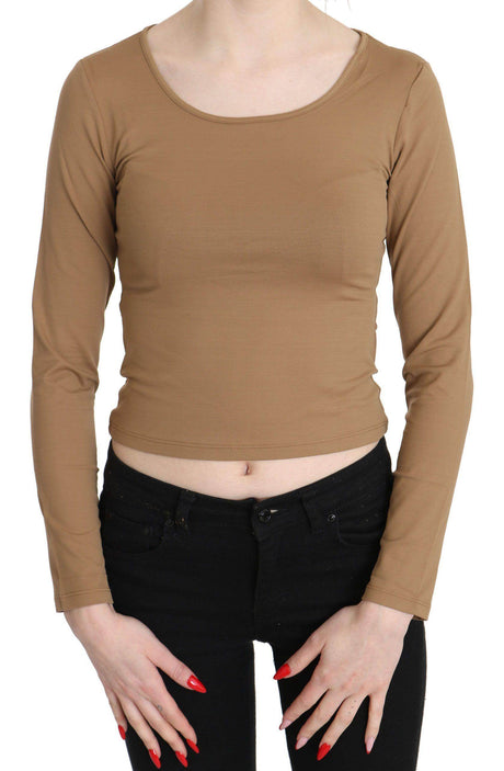 GF Ferre Brown Round Neck Long Sleeve Slim Crop Top Blouse - Hilstor