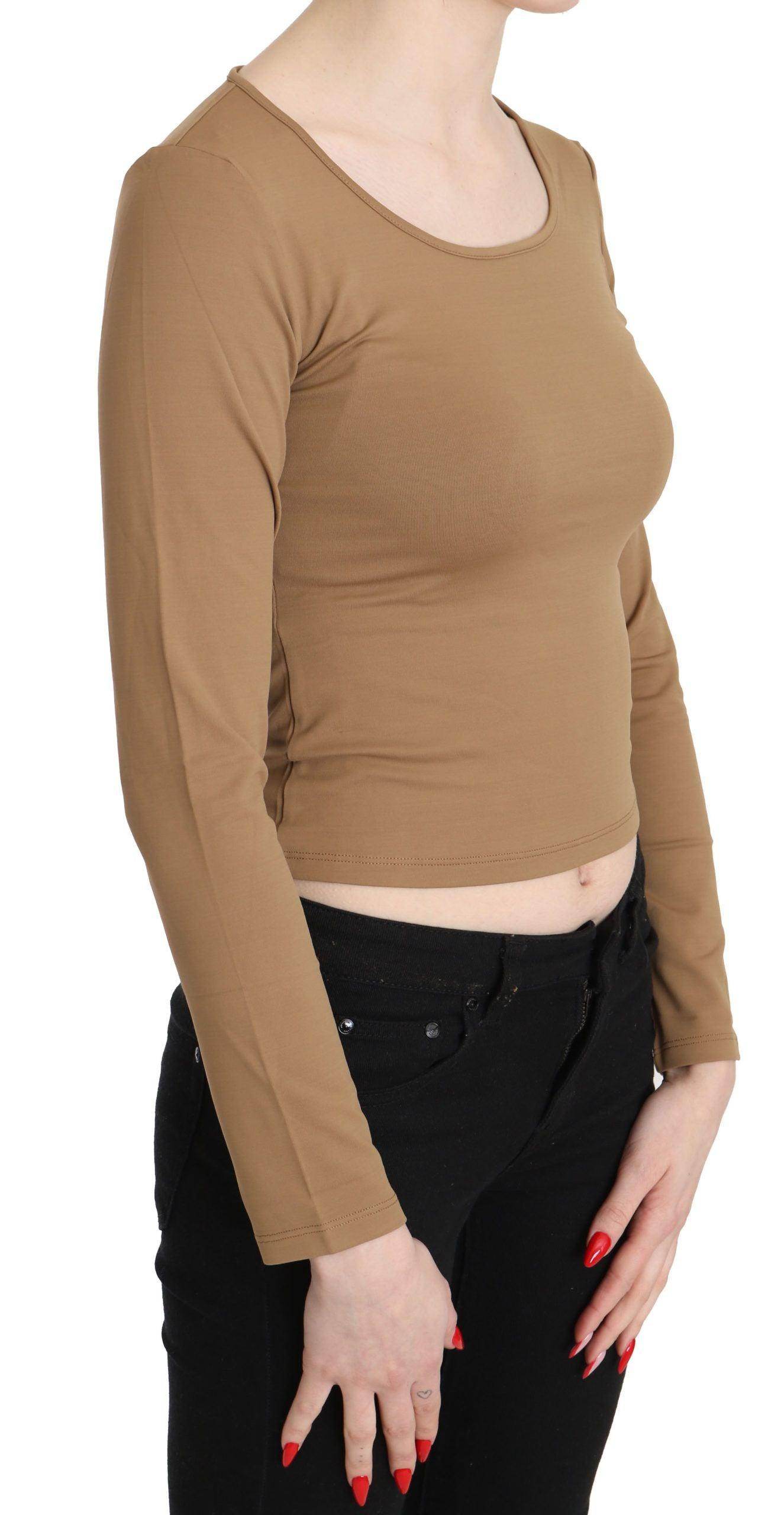 GF Ferre Brown Round Neck Long Sleeve Slim Crop Top Blouse - Hilstor