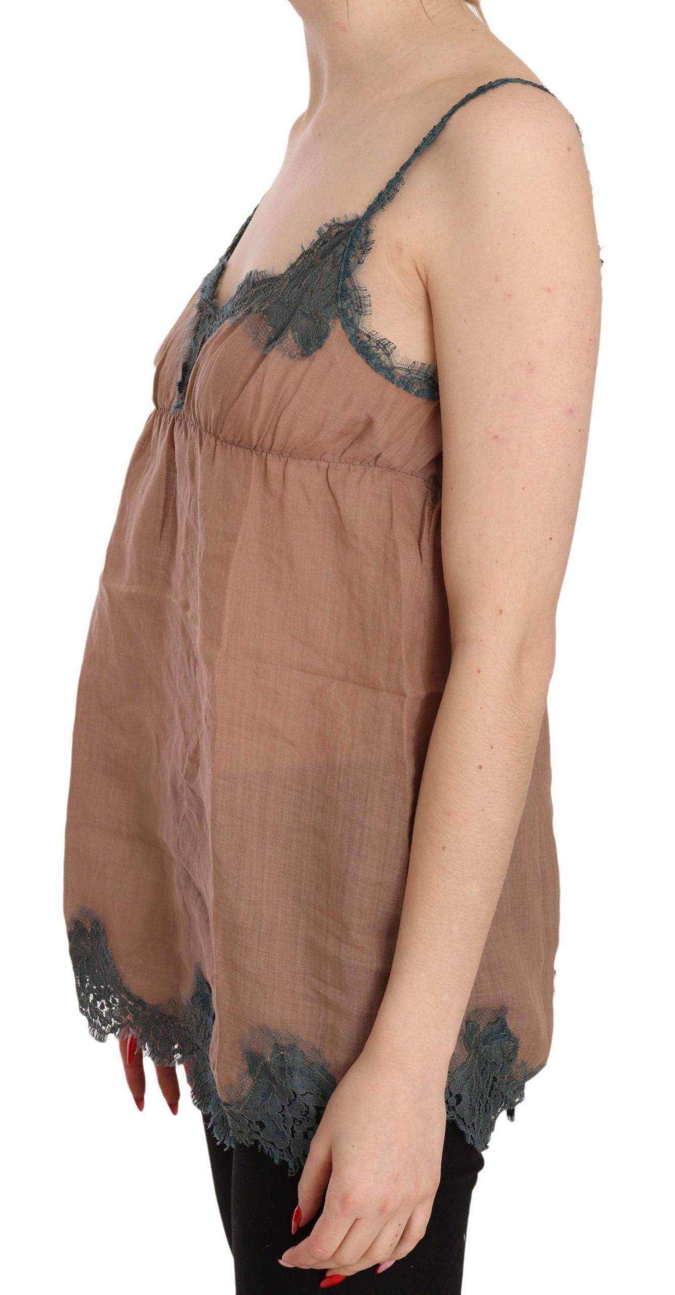 PINK MEMORIES Brown Lace Spaghetti Strap Tank Top Blouse - Hilstor