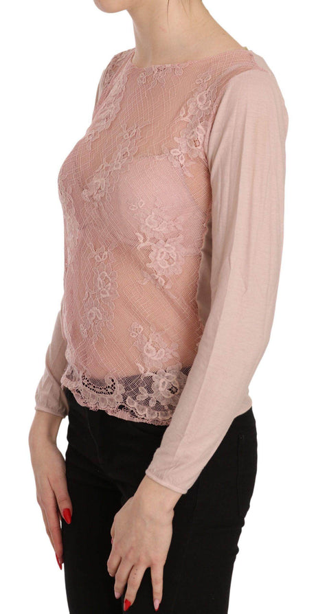 PINK MEMORIES Pink Lace See Through Long Sleeve Top Blouse - Hilstor