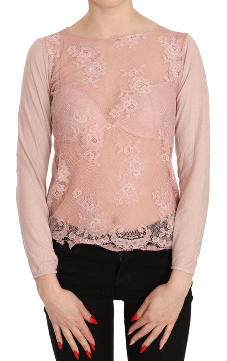 PINK MEMORIES Pink Lace See Through Long Sleeve Top Blouse - Hilstor