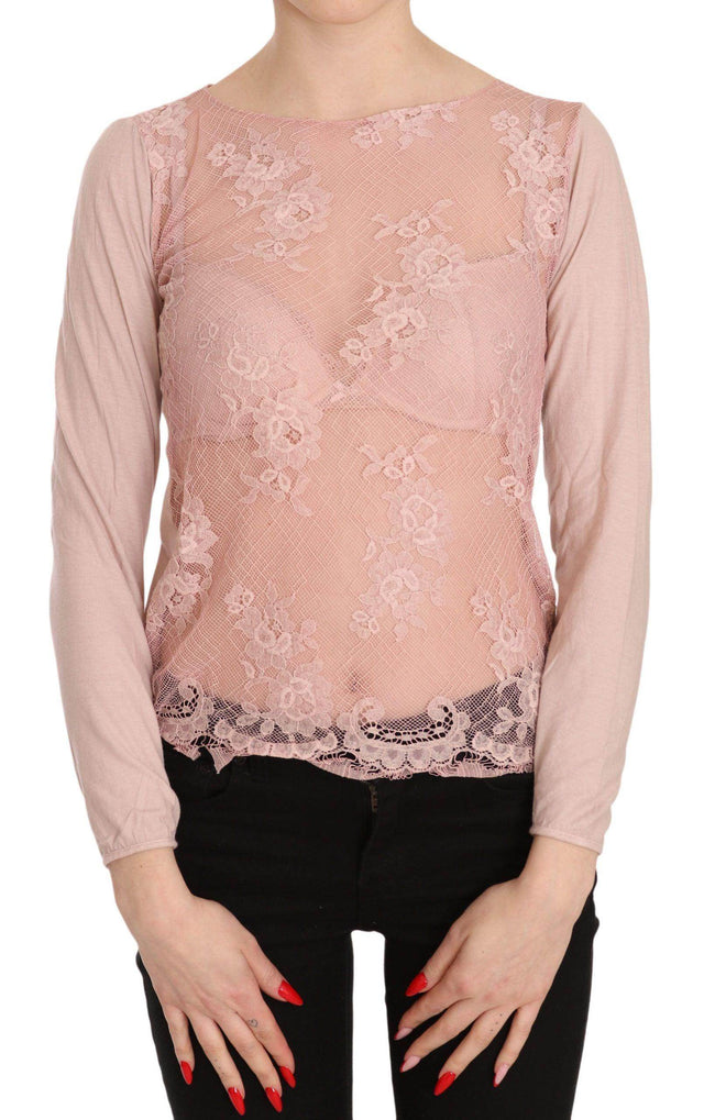 PINK MEMORIES Pink Lace See Through Long Sleeve Top Blouse - Hilstor