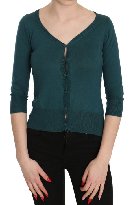 PINK MEMORIES Blue Green Cotton 3/4 Sleeve Cardigan Top Blouse - Hilstor