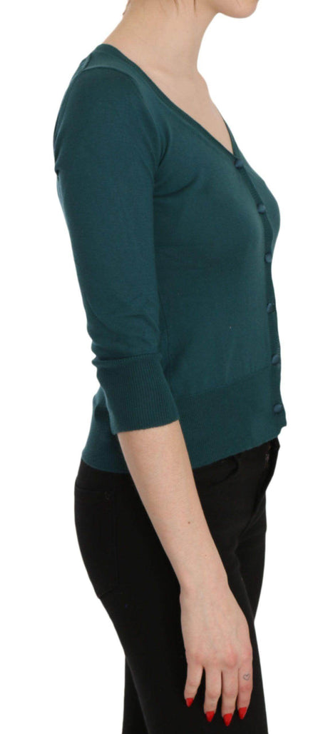 PINK MEMORIES Blue Green Cotton 3/4 Sleeve Cardigan Top Blouse - Hilstor