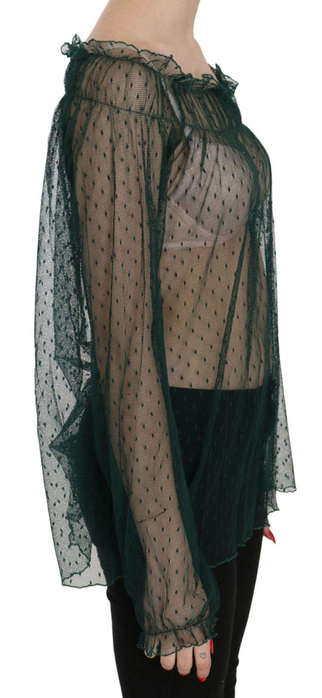 PINK MEMORIES Green Mesh See Through Long Sleeve Top Blouse - Hilstor