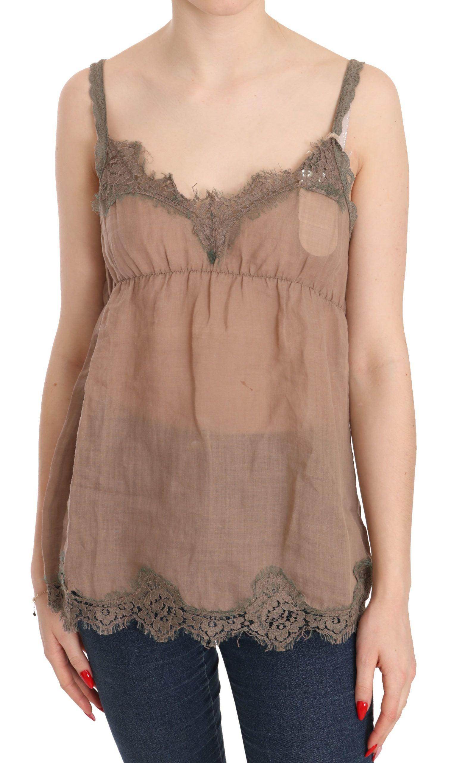 PINK MEMORIES Brown Lace Spaghetti Strap Plunging Top Blouse - Hilstor