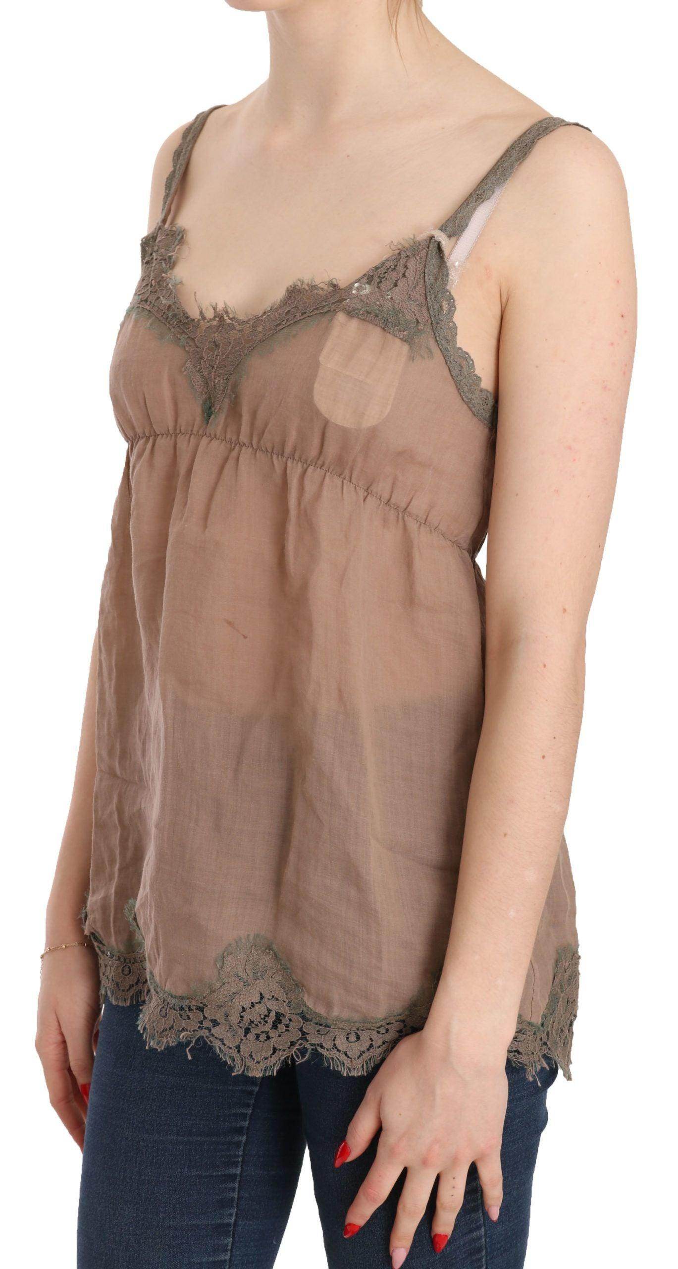 PINK MEMORIES Brown Lace Spaghetti Strap Plunging Top Blouse - Hilstor