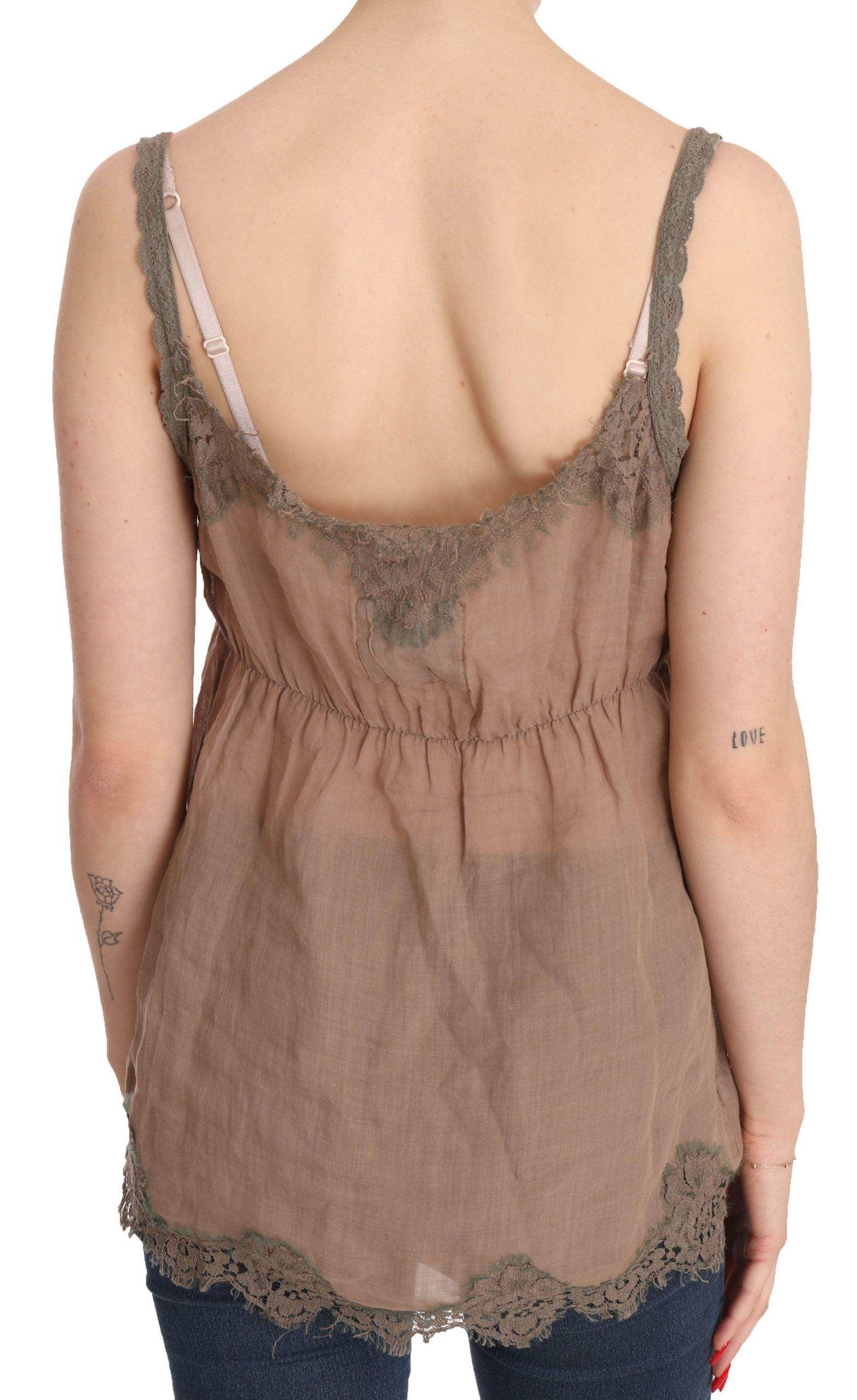 PINK MEMORIES Brown Lace Spaghetti Strap Plunging Top Blouse - Hilstor