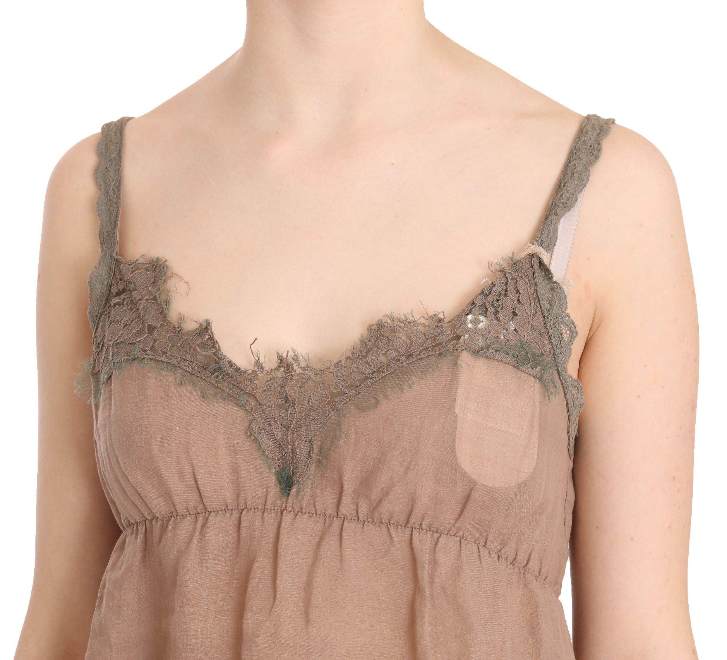 PINK MEMORIES Brown Lace Spaghetti Strap Plunging Top Blouse - Hilstor