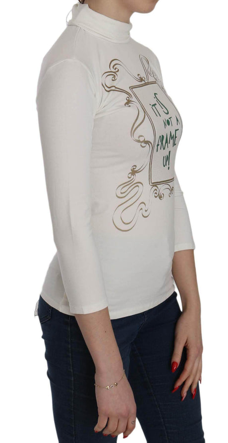 Exte White Printed Turtle Neck 3/4 Sleeve Top Cotton Blouse - Hilstor
