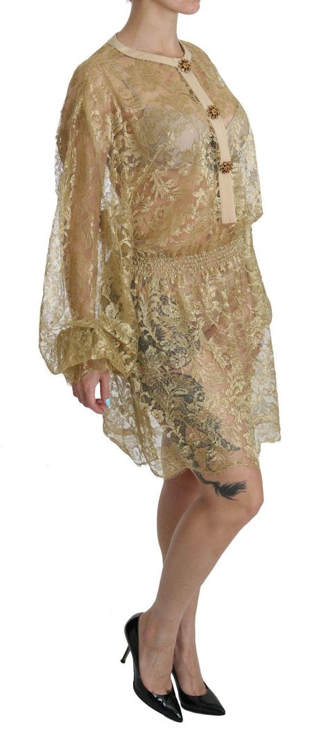 Dolce & Gabbana Gold Lace See Through A-Line Knee Length Dress - Hilstor