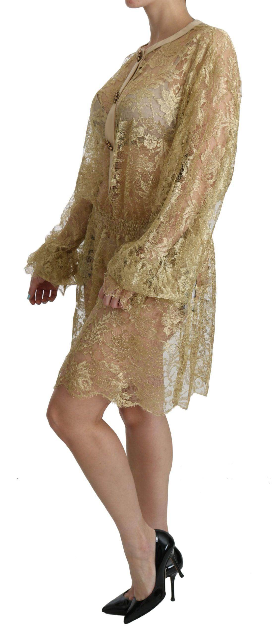 Dolce & Gabbana Gold Lace See Through A-Line Knee Length Dress - Hilstor