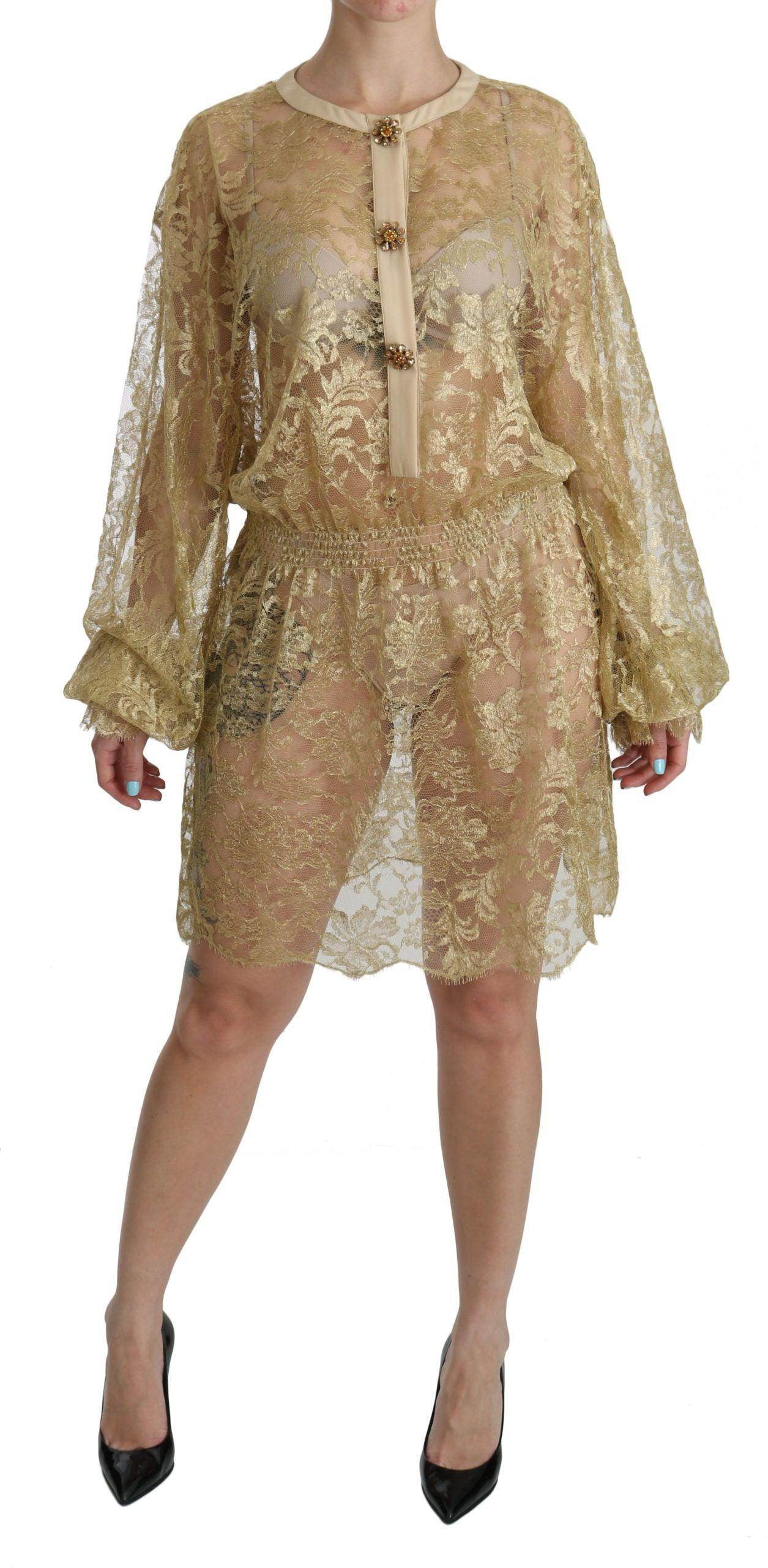 Dolce & Gabbana Gold Lace See Through A-Line Knee Length Dress - Hilstor