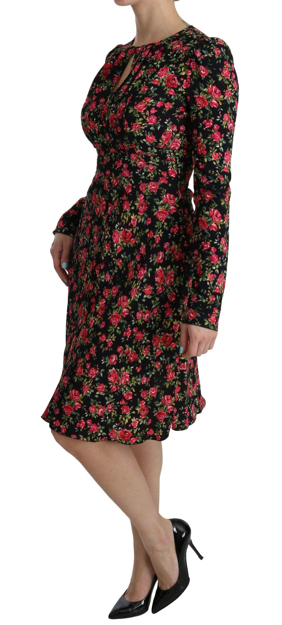 Dolce & Gabbana Black Floral Longsleeve Knee Length Dress - Hilstor