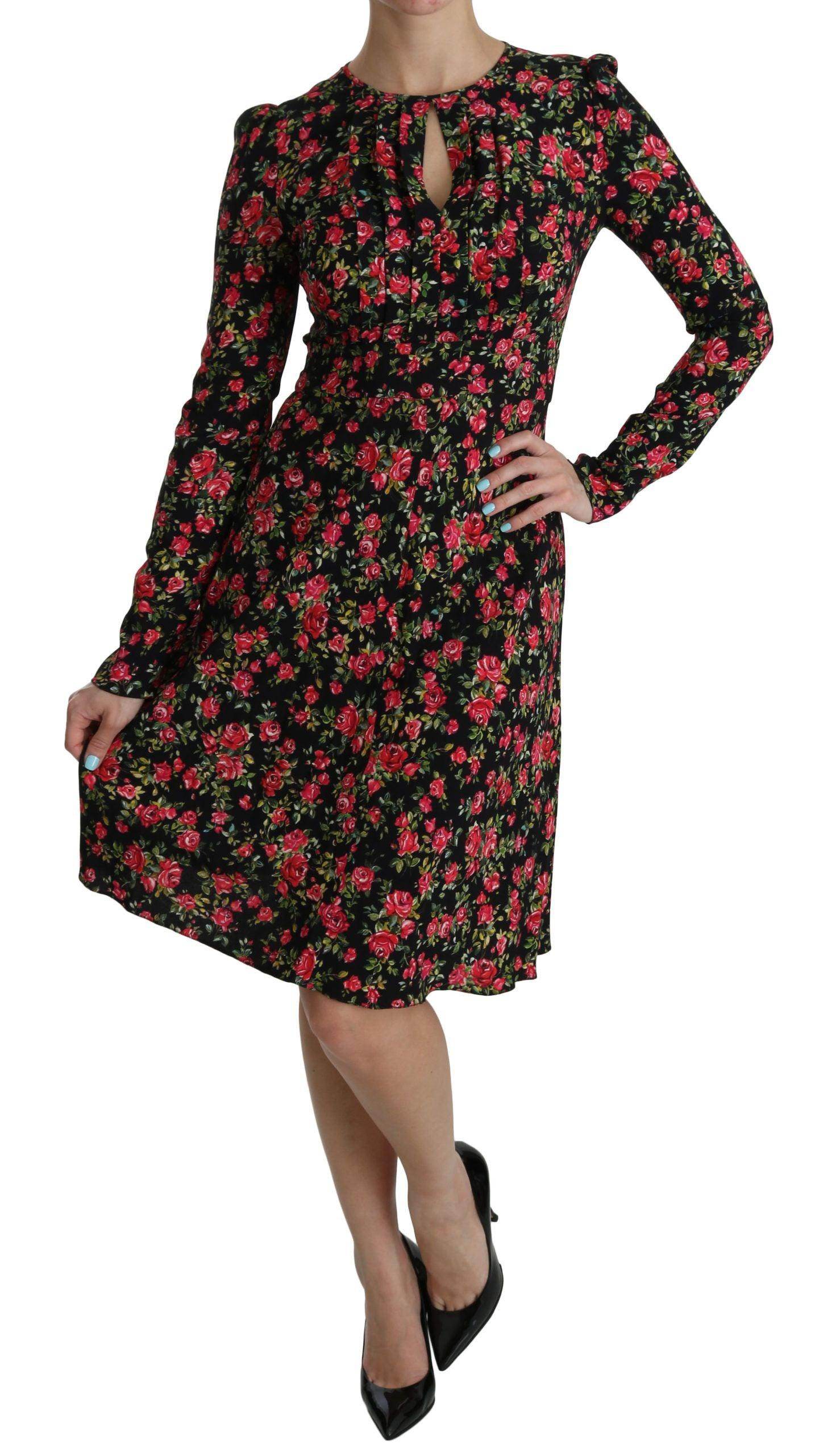 Dolce & Gabbana Black Floral Longsleeve Knee Length Dress - Hilstor